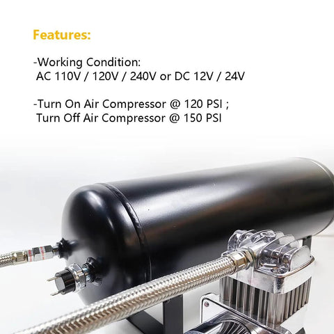Tank Mount Air Pressure Switch for 120 to 150 PSI with 1/4 NPT threads, DC 12/24V, up to 20A, compressor setup side view