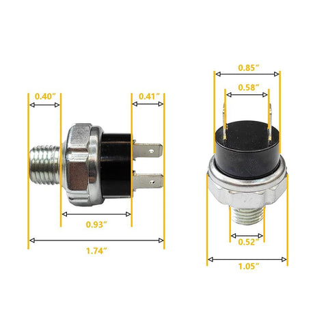 Tank Mount Air Pressure Switch for 120 to 150 PSI with 1/4 NPT threads, DC 12/24V, up to 20A shown with dimensions, side view