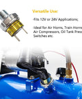 Tank Mount Air Pressure Switch for 120 to 150 PSI with 1/4 NPT threads, DC 12/24V, up to 20A on blue air tank setup.