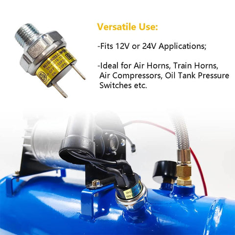 Tank Mount Air Pressure Switch for 120 to 150 PSI with 1/4 NPT threads, DC 12/24V, up to 20A on blue air tank setup.