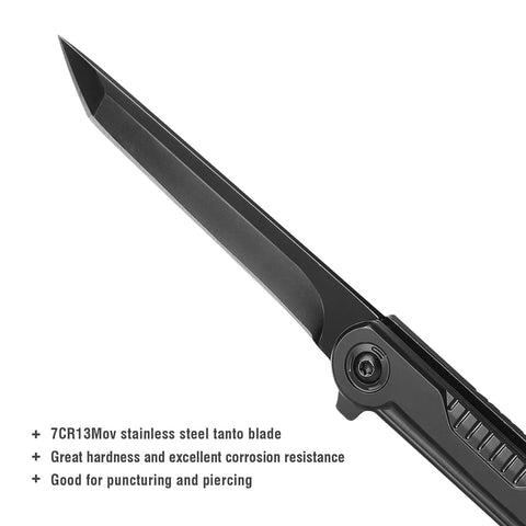 Close-up of EDC Pocket Knife With 7CR13Mov Steel Tanto Blade Slim Survival Knife With Clip And Liner Lock Window Breaker For Outdoor Use