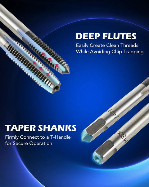 Close-up of tap ends and shanks from Comprehensive SAE And Metric Tap And Die Set For Threading And Rethreading Internal And External Threads Includes Pro Grade Adjustable Wrenches T Handle Tap Wrench And One Eighth Inch Flathead Screwdriver Orion Motor Tech.