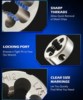 Features of Comprehensive SAE And Metric Tap And Die Set For Threading, including sharp threads, locking port, and clear size markings.