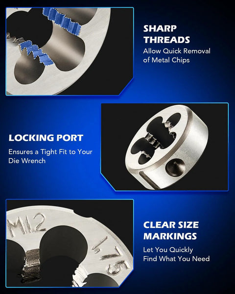 Features of Comprehensive SAE And Metric Tap And Die Set For Threading, including sharp threads, locking port, and clear size markings.