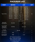 Package list for All In One 87 Piece Tap And Die Set For SAE And Metric Threads with details of included tools and sizes.