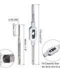 Adjustable Tap Wrench And 2-56 UNC Machine Taps Kit Includes M1 M12 Tap Wrench Handle Pro Grade High Speed Steel Taps 3Pc Set For Threading Tapping Reaming Drilling And Milling; dimensions and fit sizes are displayed.