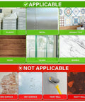 Chart showing surfaces for Ultra Strong Double Sided Tape For Wall Mounting, Clear Nano Adhesive; applicable: plastic, metal, tile, wood, glass, marble; not applicable: uneven, wet, paint, rusty surfaces.