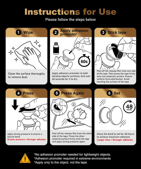 Instruction guide for applying Heavy Duty Double Sided Tape Heat Resistant And Waterproof For Indoor Outdoor Use Automotive Mounting.