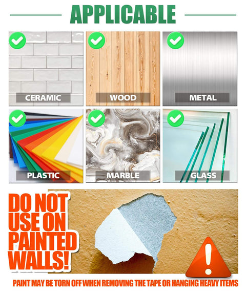 Image showing surfaces applicable for heavy duty double sided tape: ceramic, wood, metal, plastic, marble, glass; warning not for painted walls.