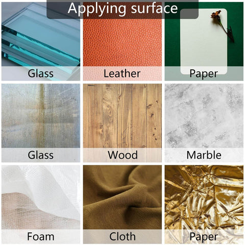 Heavy Duty No Fuss Double Sided Foam Tape Kit With Waterproof Adhesive Mounting Tape applied to various surfaces like glass, leather, paper, wood, marble, foam, and cloth.