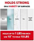 Heavy Duty Double Sided Tape 1/2 Inch By 50 Feet Waterproof Mounting Tape for Walls and Automotive, surfaces shown: metal, glass, marble, tiles, solid