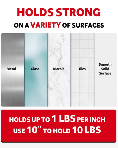 Heavy Duty Double Sided Tape 1/2 Inch By 50 Feet Waterproof Mounting Tape for Walls and Automotive, surfaces shown: metal, glass, marble, tiles, solid