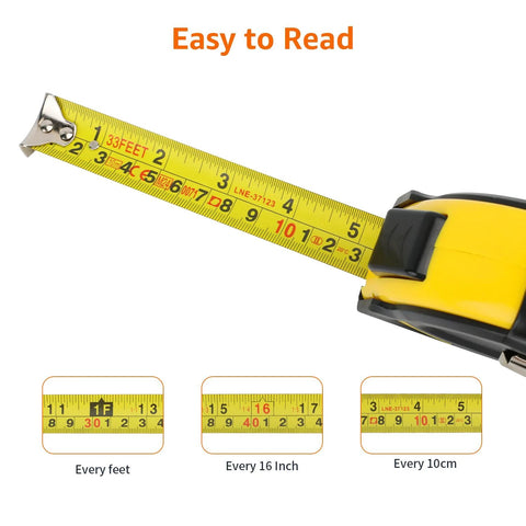Self locking tape measure with belt clip offers precise 33 feet of measurement with MID accuracy, dual scales shown extended