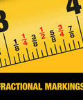 Atomic Compact 30 Ft Tape Measure With Finger Brake for Precision showing fractional markings close-up