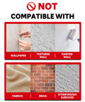 Chart showing surfaces not compatible with Heavy Duty Double Sided Tape 1/2 Inch By 50 Feet Waterproof Mounting Tape, including wallpaper, textured and painted walls, fabrics, brick, and rough surfaces.
