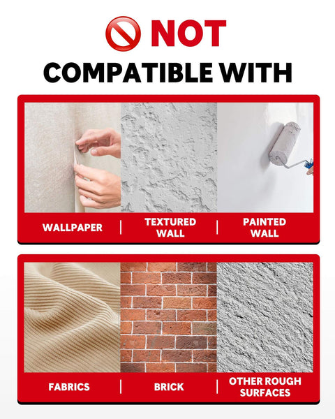 Chart showing surfaces not compatible with Heavy Duty Double Sided Tape 1/2 Inch By 50 Feet Waterproof Mounting Tape, including wallpaper, textured and painted walls, fabrics, brick, and rough surfaces.