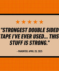 Review quote on orange background for Heavy Duty Double Sided Mounting Tape Black 1 Inch By 120 Inch Weatherproof For Indoor Or Outdoor Use Holds Up To 60 Pounds With Industrial Strength Adhesive That Grips All Surfaces Rain Or Shine For Quick Strong Mounts.