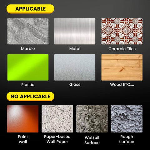 Image showing surfaces applicable and not applicable for Three Pack Heavy Duty Double Sided Tape 3cm Wide Nano Mounting Tape Clear Removable.