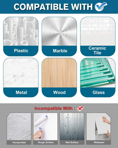 Product compatibility chart for Industrial Strength Double Sided Mounting Tape 0.4 Inch By 36 Foot Foam Adhesive showing suitable and unsuitable surfaces.