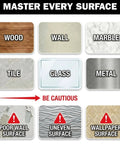 Ultra Strong Clear Double Sided Tape With Enhanced Nano Technology Waterproof Mounting Adhesive chart showing compatible surfaces like wood, wall, marble, tile, glass, metal and caution for poor, uneven, wallpaper surfaces.