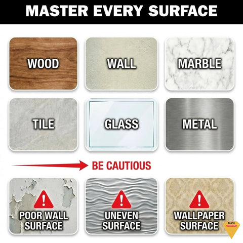 Ultra Strong Clear Double Sided Tape With Enhanced Nano Technology Waterproof Mounting Adhesive chart showing compatible surfaces like wood, wall, marble, tile, glass, metal and caution for poor, uneven, wallpaper surfaces.