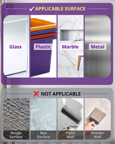 Heavy Duty Double Sided Tape Clear Removable Mounting Tape applicable surfaces: glass, plastic, marble, metal; not applicable: rough, wet, paint, powder walls