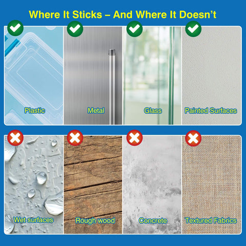 Graphic of surfaces where Heavy Duty Double Sided Tape With Automotive Grade Bond, Waterproof Foam Mounting Tape sticks and doesn't stick