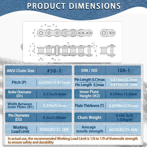 Product dimensions for 50 Tooth Taper Lock Idler Sprocket Kit, ANSI and DIN measurements, includes chain size, pitch, and tensile strength.