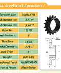 Product specifications for 50 Tooth Taper Lock Idler Sprocket Kit With 1610 Bushing Adjustable Bore From 1/2 To 1-1/2 Inches Key Included Black Oxide Finish Chain Tensioner For Conveyor Farm Equipment And Industrial Drives Beefy Hardened Steel 50BTL17-1610.