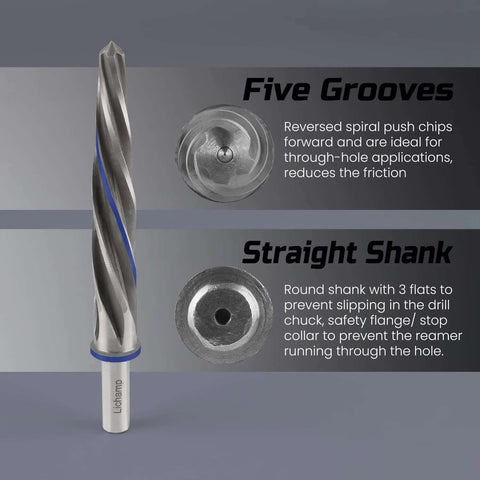 Close-up of Heavy Duty 4 Piece Pro Grade Taper Reamer Set showing five grooves and straight shank features for metal holes.