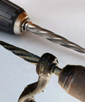 Heavy Duty 4 Piece Pro Grade Taper Reamer Set for metal and steel holes, showing M2 HSS reamer installed in drill