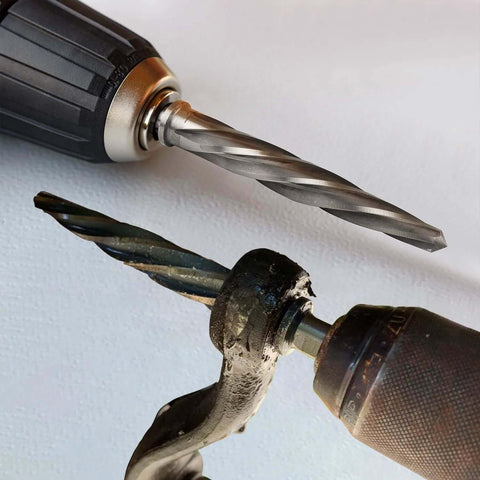 Heavy Duty 4 Piece Pro Grade Taper Reamer Set for metal and steel holes, showing M2 HSS reamer installed in drill