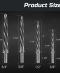 Heavy Duty 4 Piece Pro Grade Taper Reamer Set For Metal And Steel Holes, sizes 3/8 to 3/4 inch, shown with measurements