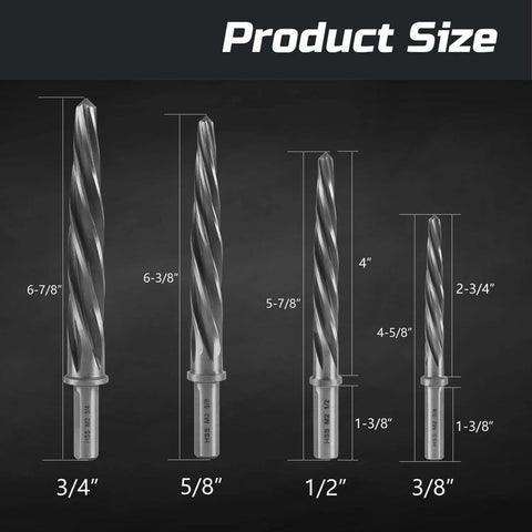 Heavy Duty 4 Piece Pro Grade Taper Reamer Set For Metal And Steel Holes, sizes 3/8 to 3/4 inch, shown with measurements