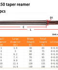 Diagram of 7 Piece 1 To 50 Taper Pin Hand Reamer Set For Precision Metalworking, 3mm To 12mm Diameters, showing dimensions.