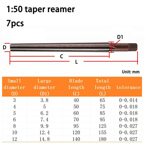 Diagram of 7 Piece 1 To 50 Taper Pin Hand Reamer Set For Precision Metalworking, 3mm To 12mm Diameters, showing dimensions.
