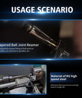 Usage scenario of 7 Degree Tapered Ball Joint Reamer Tool For One And A Half Inch Pipe Universal Reamer Drill Bit Made Of 6542 High Speed Tool Steel Pro Grade Heavy Duty Reamer For Bridge Construction Steel Erection Fabrication And Automotive Projects, showing drill bit in operation and material details.