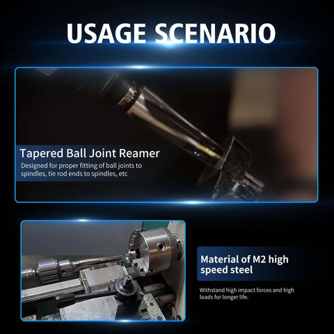 Usage scenario of 7 Degree Tapered Ball Joint Reamer Tool For One And A Half Inch Pipe Universal Reamer Drill Bit Made Of 6542 High Speed Tool Steel Pro Grade Heavy Duty Reamer For Bridge Construction Steel Erection Fabrication And Automotive Projects, showing drill bit in operation and material details.