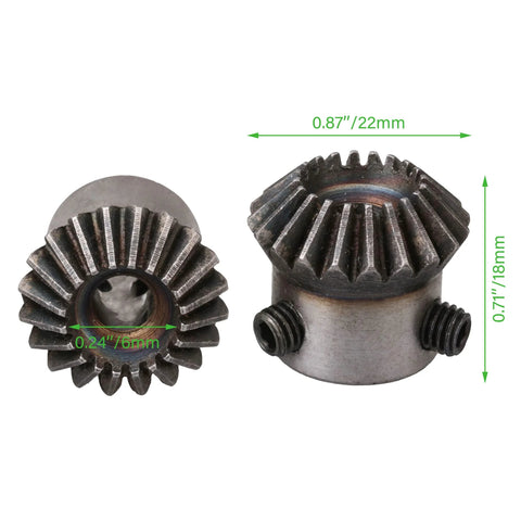 Tapered Bevel Gear Wheels 6mm 1 Modulus 20T Set For Hardware, steel construction, 6mm bore, 20 teeth, front and side view