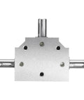 Front view of Tapered Bevel Gear Box 1 To 1 Triple Output Shaft 8mm 20 Tooth Right Angle Drive, showing aluminum casing and outputs.