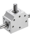Tapered Bevel Gear Box 1 To 1 Triple Output Shaft 8mm 20 Tooth Right Angle Drive, metal construction, close-up view.