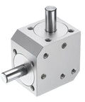 Tapered Bevel Gear Box 1 To 1 Right Angle Drive With 8mm Shafts For DIY Projects, aluminum frame, visible shaft ends