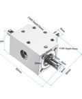 Tapered Bevel Gear Box 1 To 1 Triple Output Shaft 8mm 20 Tooth Right Angle Drive, aluminum casing with dimensions marked.