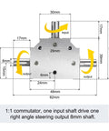 Diagram of Tapered Bevel Gear Box 1 To 1 Triple Output Shaft 8mm 20 Tooth Right Angle Drive with dimensions.