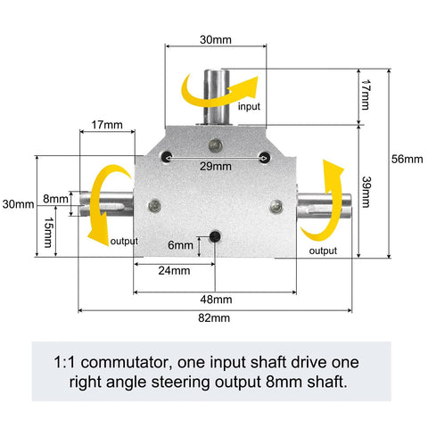 Diagram of Tapered Bevel Gear Box 1 To 1 Triple Output Shaft 8mm 20 Tooth Right Angle Drive with dimensions.