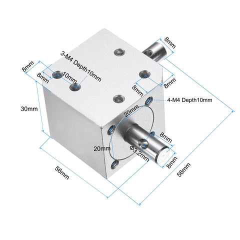 Tapered Bevel Gear Box 1to1 With Right Angle Drive Shafts 8mm 20 Teeth For Diy, aluminum frame, dimensions labeled.