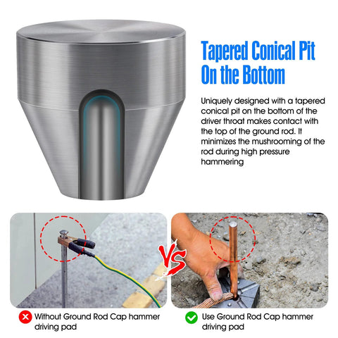 Ground Rod Cap Driver Pad Hammer For One Half Inch Five Eighth Inch And Three Quarter Inch Grounding Rods showing tapered conical pit.