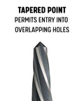 Pro Grade One Inch Bridge Reamer For Construction And Hole Alignment With Half Inch Shank DWR Series Heavy Duty Tool For Aligning Overlapping Holes Before Bolts Or Rivets Drill America with tapered point for entry into holes, showing the tool's tip.