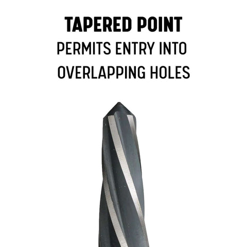 Pro Grade One Inch Bridge Reamer For Construction And Hole Alignment With Half Inch Shank DWR Series Heavy Duty Tool For Aligning Overlapping Holes Before Bolts Or Rivets Drill America with tapered point for entry into holes, showing the tool's tip.