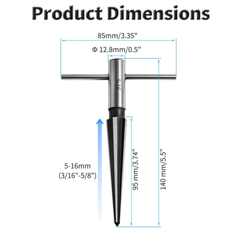Front view of T Handle Tapered Reamer Five To Sixteen Millimeter Multi Fluted Chamfer Reaming Tool with dimensions